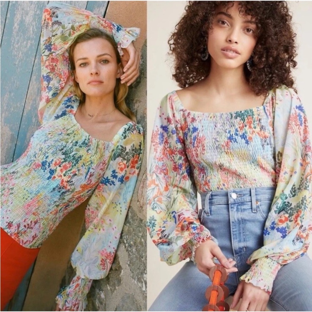 Anthropologie Rouen Floral Smocked Top Medium Watercolor Blue Yellow Green